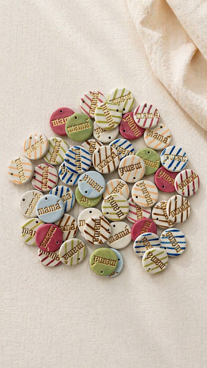 Medallitas mama de ceramica esmaltada con letras en lustre de oro